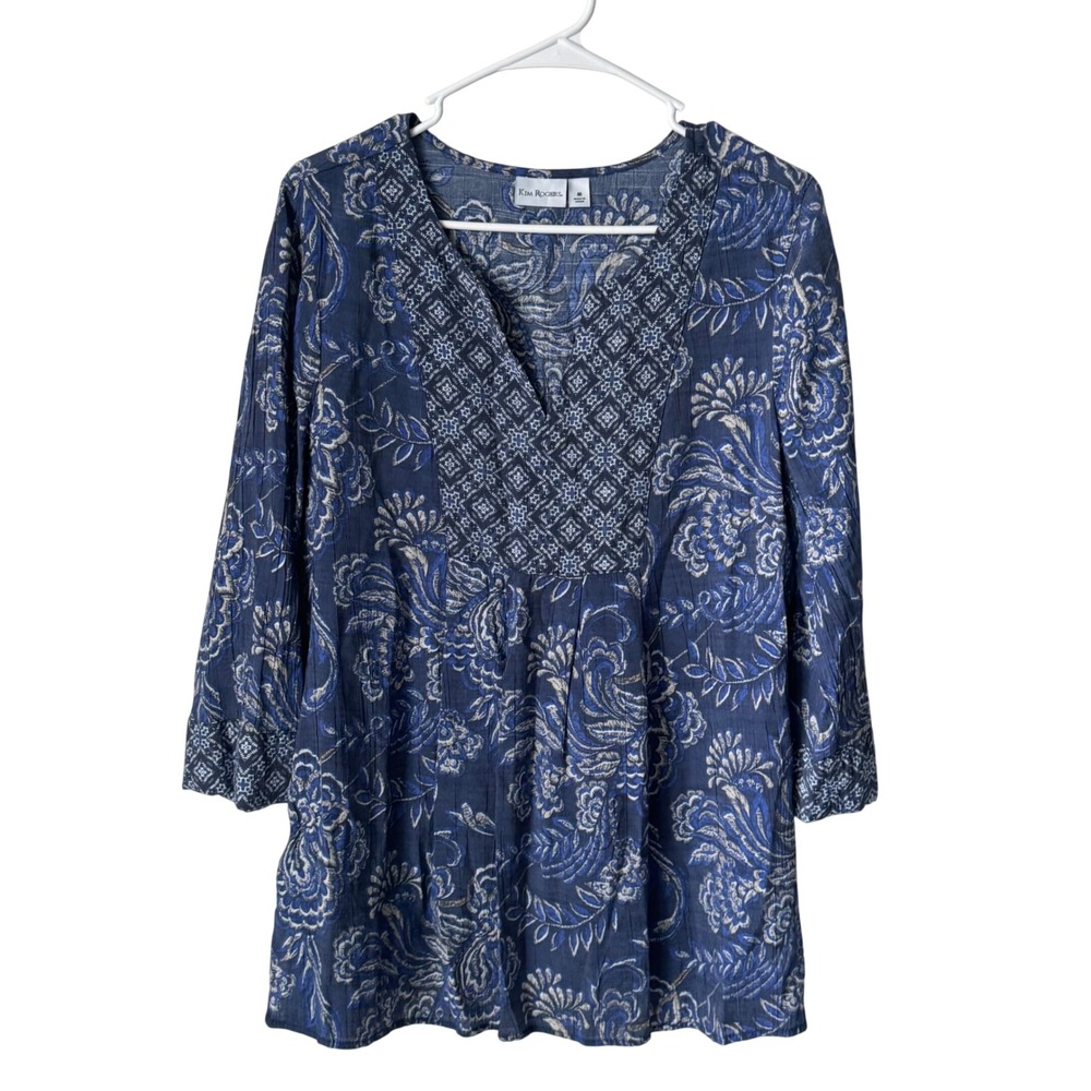Kim Rogers Blue Floral Paisley V Neck Tunic Top 3/4 Sleeve Medium